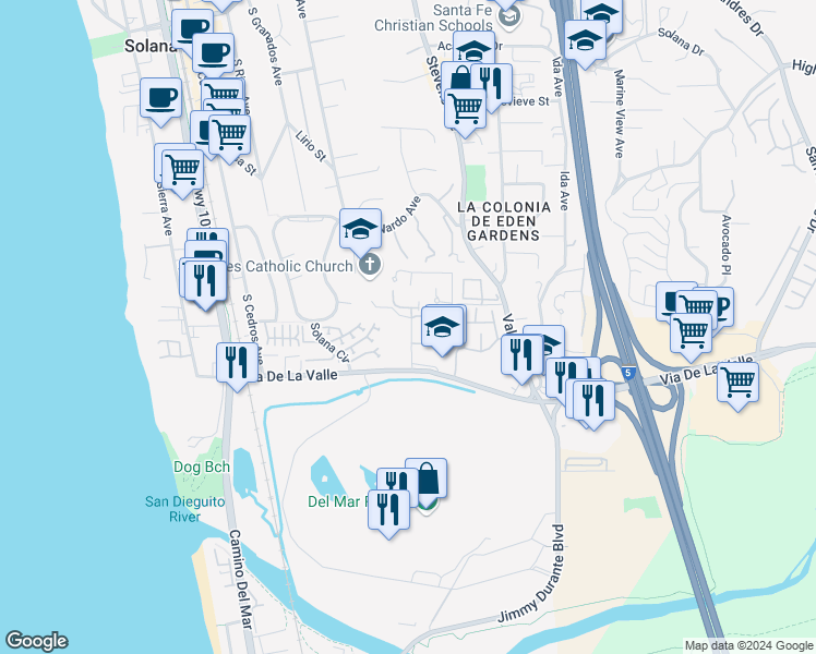 map of restaurants, bars, coffee shops, grocery stores, and more near 809 Del Mar Downs Road in Solana Beach
