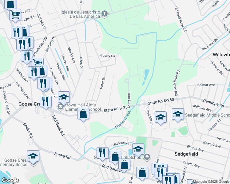 map of restaurants, bars, coffee shops, grocery stores, and more near 232 Parker Drive in Goose Creek