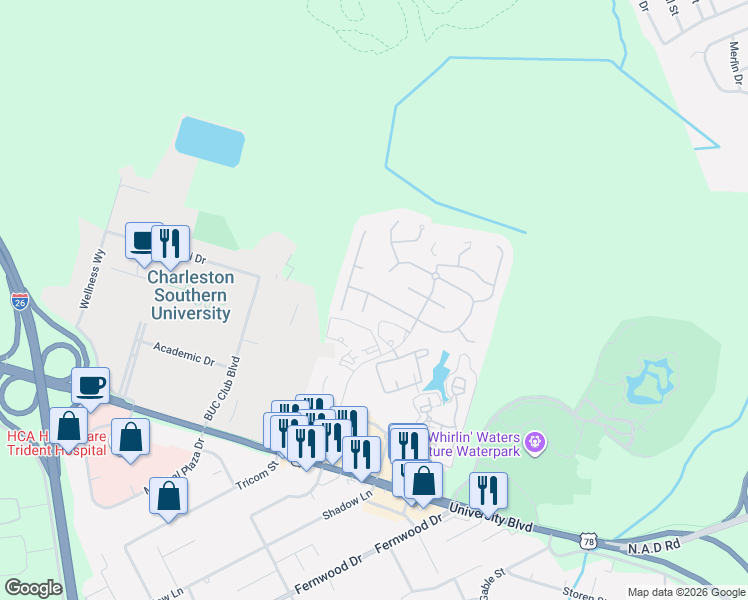 map of restaurants, bars, coffee shops, grocery stores, and more near 9126 Woodcreek Court in North Charleston