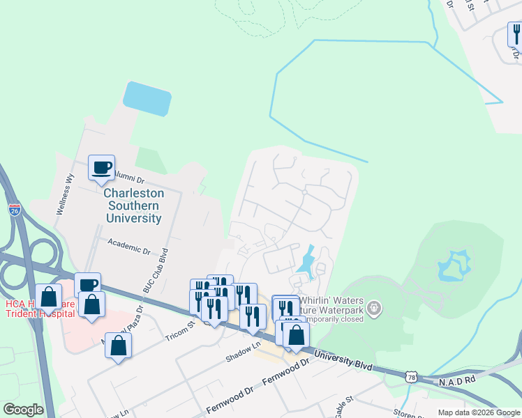 map of restaurants, bars, coffee shops, grocery stores, and more near 9126 Woodcreek Court in North Charleston