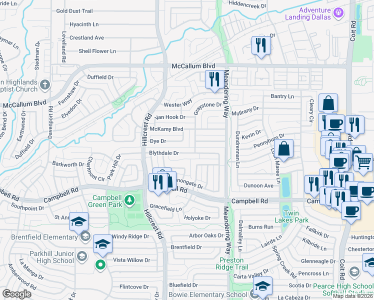 map of restaurants, bars, coffee shops, grocery stores, and more near 7259 Blythdale Drive in Dallas