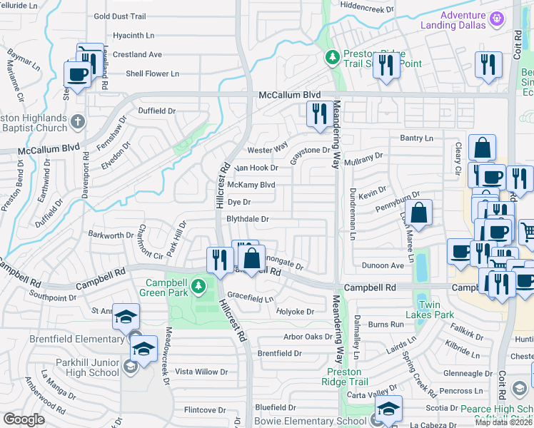 map of restaurants, bars, coffee shops, grocery stores, and more near 7229 Blythdale Drive in Dallas
