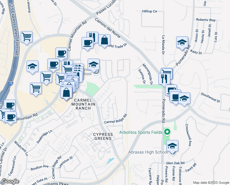 map of restaurants, bars, coffee shops, grocery stores, and more near 12391 Cornwallis Square in San Diego