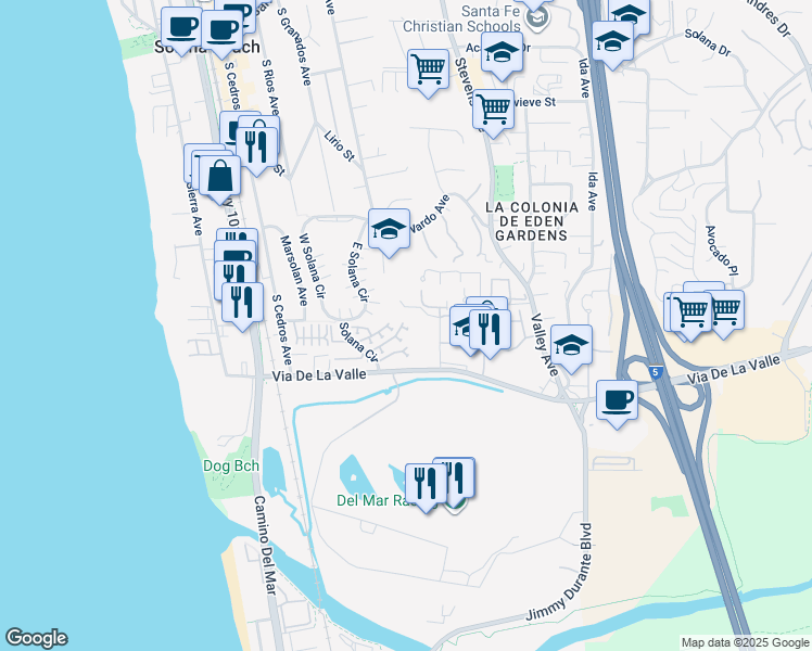 map of restaurants, bars, coffee shops, grocery stores, and more near 373 Longden Lane in Solana Beach