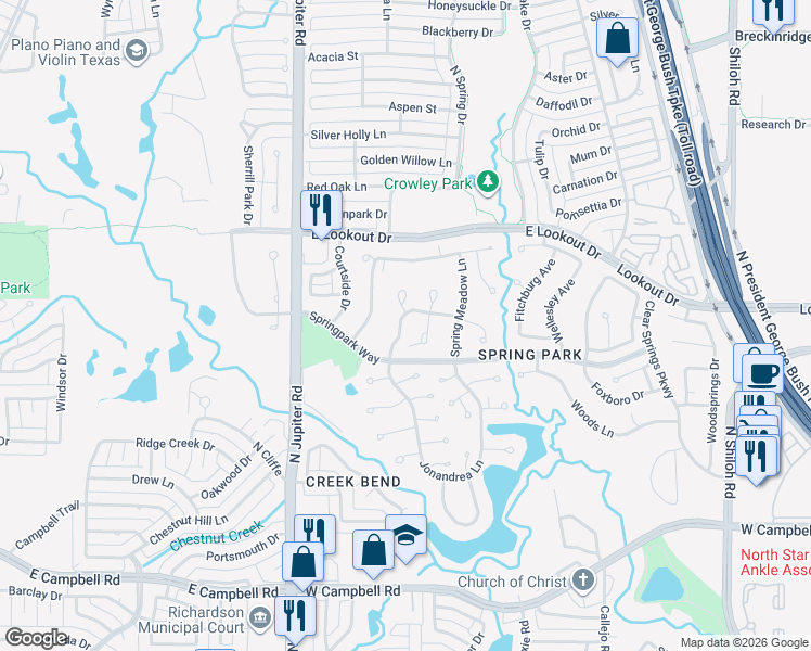 map of restaurants, bars, coffee shops, grocery stores, and more near 7418 Windmill Lane in Garland