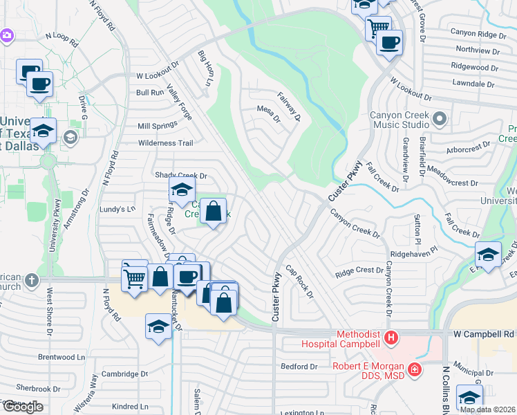 map of restaurants, bars, coffee shops, grocery stores, and more near 526 Lawnmeadow Dr in Richardson