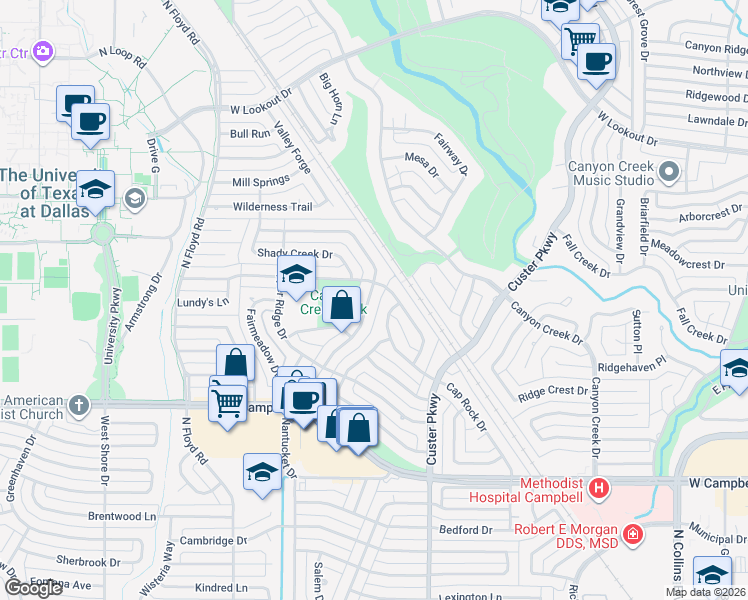 map of restaurants, bars, coffee shops, grocery stores, and more near 2116 Flat Creek Drive in Richardson