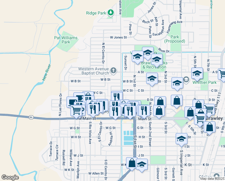 map of restaurants, bars, coffee shops, grocery stores, and more near 289 West C Street in Brawley