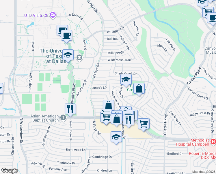 map of restaurants, bars, coffee shops, grocery stores, and more near 12 Lundy's Lane in Richardson
