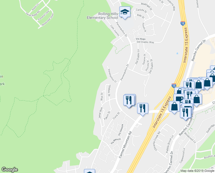 map of restaurants, bars, coffee shops, grocery stores, and more near 14685 Thebes St in San Diego