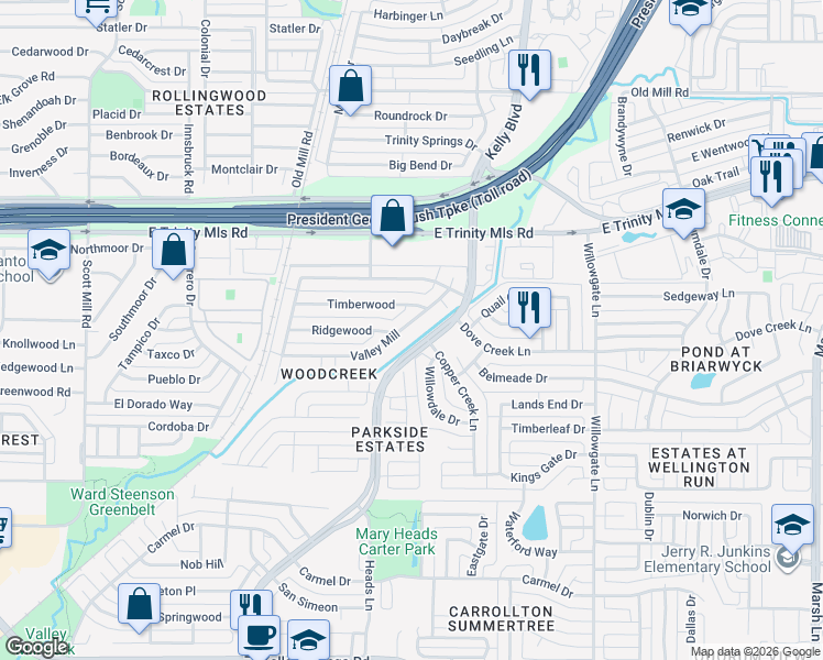 map of restaurants, bars, coffee shops, grocery stores, and more near 2240 Valley Mill in Carrollton