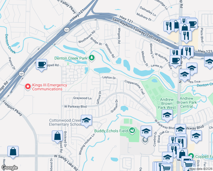 map of restaurants, bars, coffee shops, grocery stores, and more near 526 Gifford Drive in Coppell