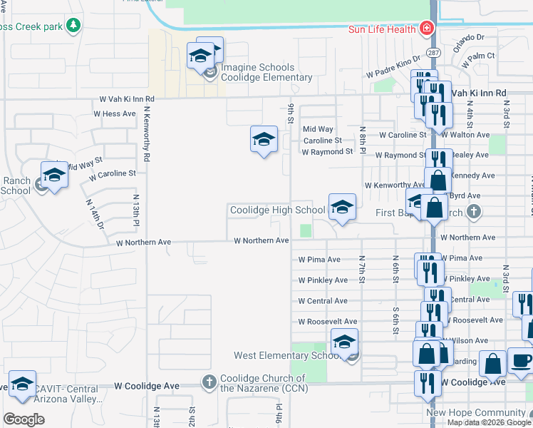 map of restaurants, bars, coffee shops, grocery stores, and more near 937 West Lindbergh Avenue in Coolidge