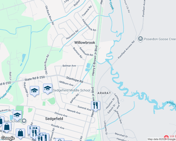 map of restaurants, bars, coffee shops, grocery stores, and more near 150 Rahway Road in Goose Creek