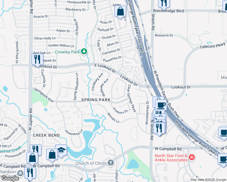 map of restaurants, bars, coffee shops, grocery stores, and more near 7418 Vineyard Trail in Garland