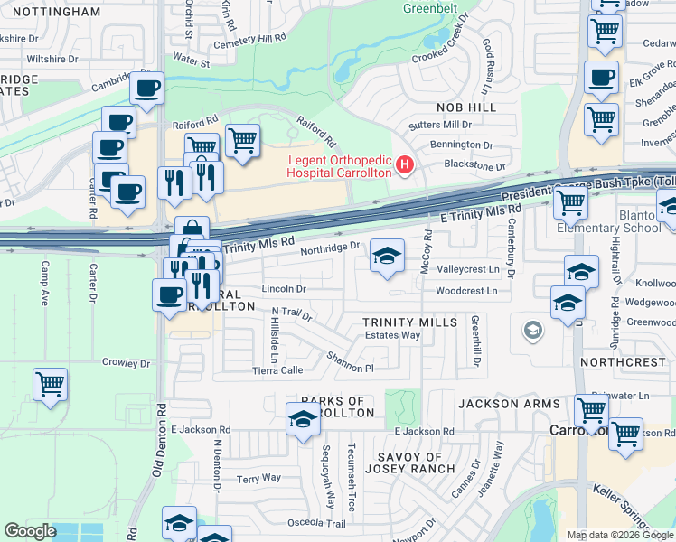 map of restaurants, bars, coffee shops, grocery stores, and more near 2407 Meadow Creek Drive in Carrollton