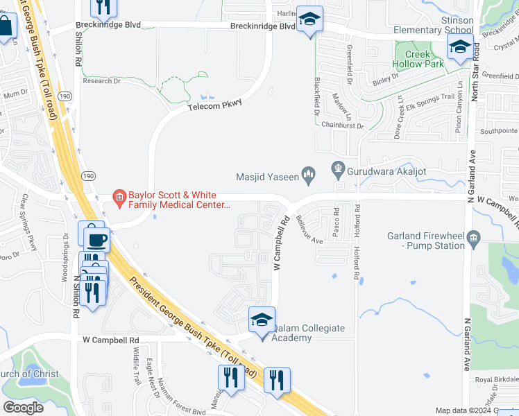 map of restaurants, bars, coffee shops, grocery stores, and more near 1740 Lookout Drive in Garland