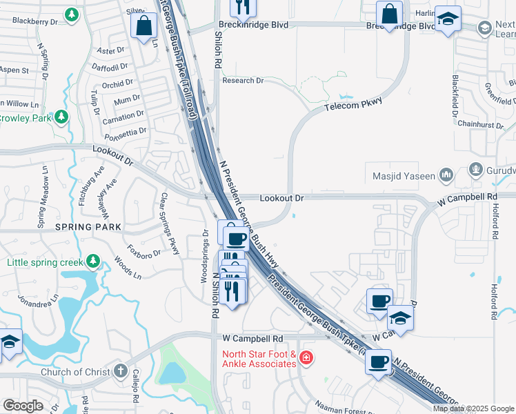 map of restaurants, bars, coffee shops, grocery stores, and more near 7217 Telecom Parkway in Garland