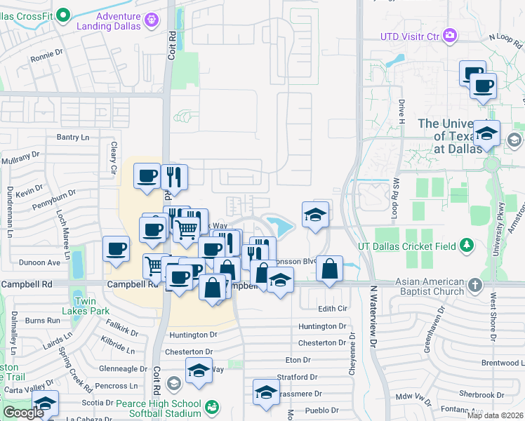 map of restaurants, bars, coffee shops, grocery stores, and more near 1205 Caladium Avenue in Richardson