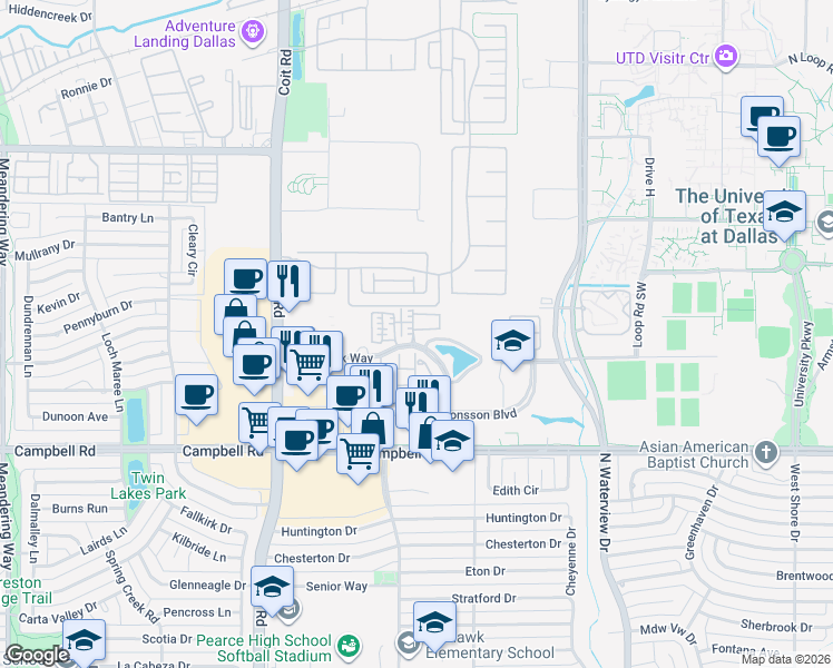 map of restaurants, bars, coffee shops, grocery stores, and more near 1241 Caladium Avenue in Richardson