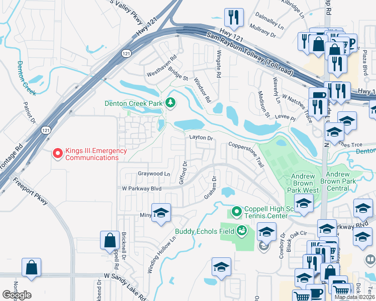 map of restaurants, bars, coffee shops, grocery stores, and more near 526 Gifford Drive in Coppell