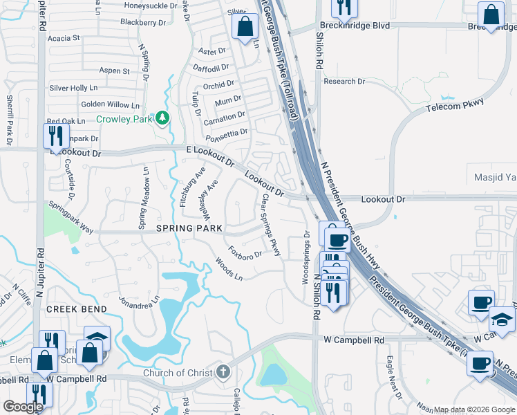 map of restaurants, bars, coffee shops, grocery stores, and more near 7414 Southwick Drive in Garland