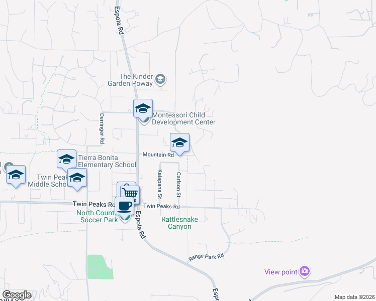 map of restaurants, bars, coffee shops, grocery stores, and more near 14360 Mountain Road in Poway