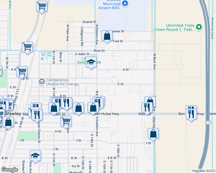 map of restaurants, bars, coffee shops, grocery stores, and more near 1524 C Street in Brawley
