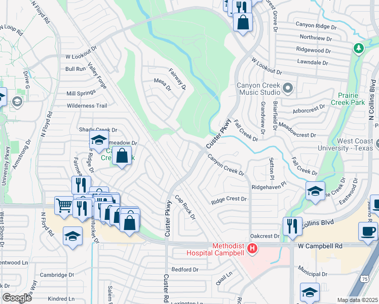 map of restaurants, bars, coffee shops, grocery stores, and more near 2208 White Cliff Drive in Richardson