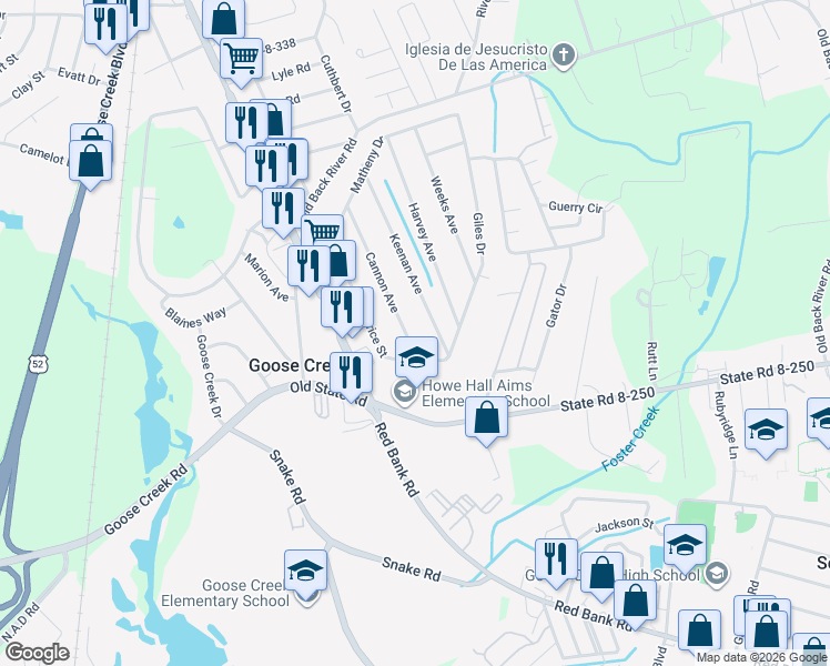 map of restaurants, bars, coffee shops, grocery stores, and more near 141 Cannon Avenue in Goose Creek
