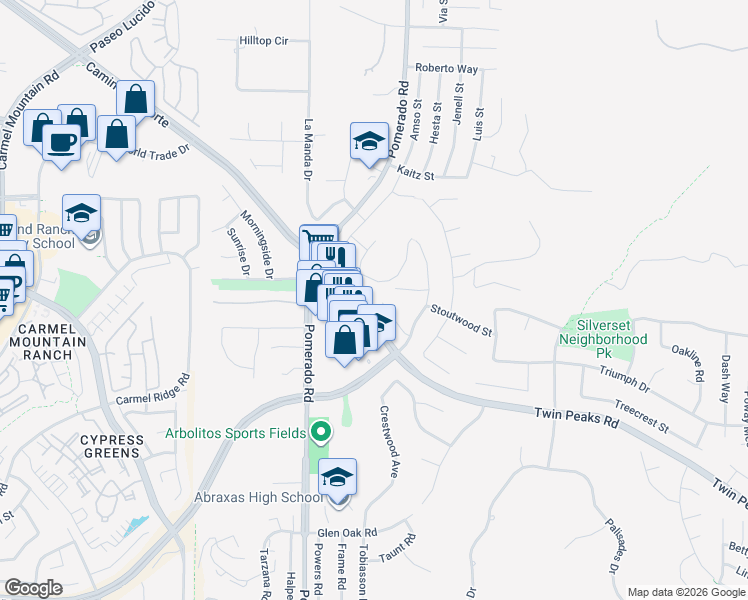 map of restaurants, bars, coffee shops, grocery stores, and more near 12611 Peachwood Court in Poway