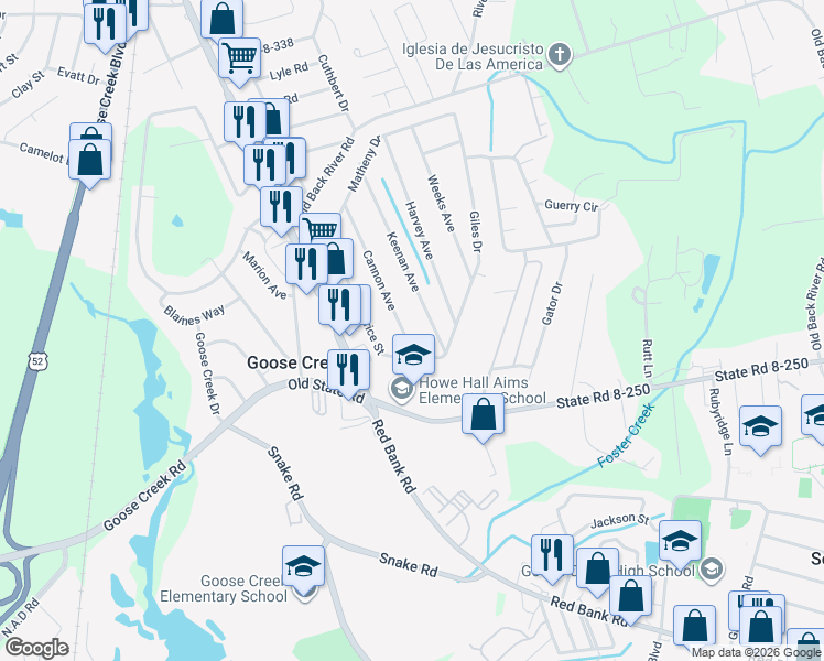 map of restaurants, bars, coffee shops, grocery stores, and more near 141 Cannon Avenue in Goose Creek