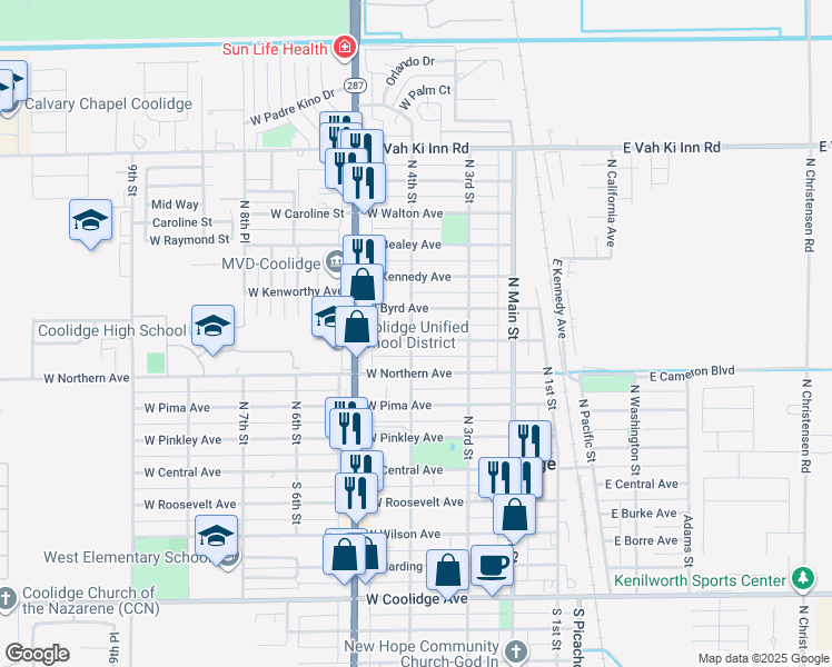 map of restaurants, bars, coffee shops, grocery stores, and more near 532 North 4th Street in Coolidge