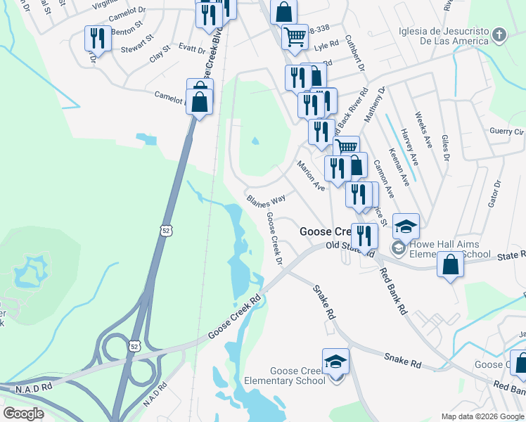 map of restaurants, bars, coffee shops, grocery stores, and more near 119 Goose Creek Drive in Goose Creek