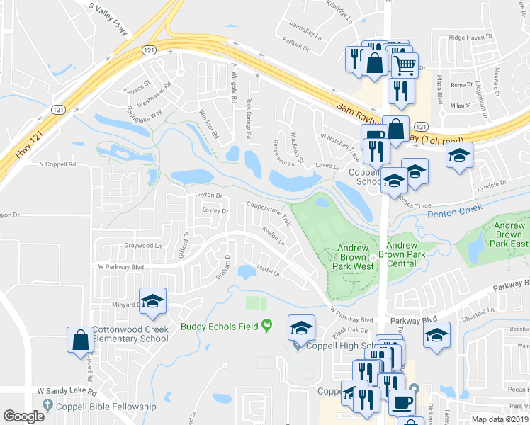 map of restaurants, bars, coffee shops, grocery stores, and more near 444 Avalon Lane in Coppell