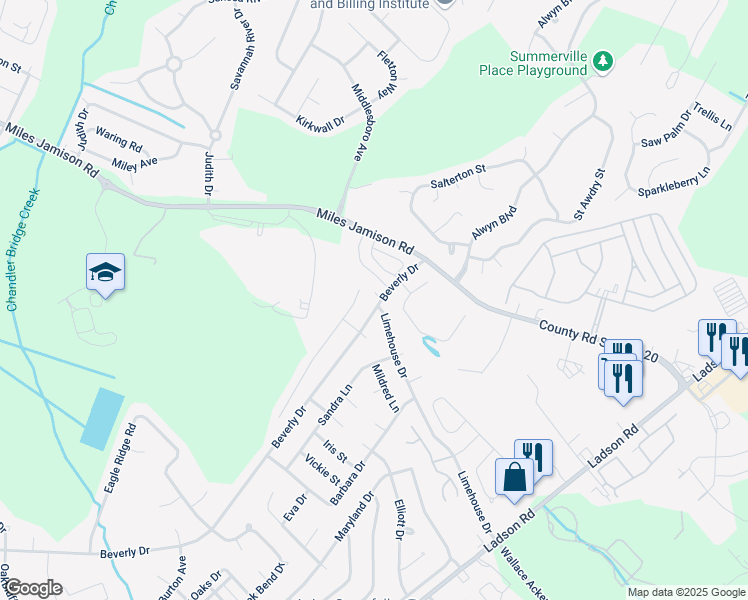 map of restaurants, bars, coffee shops, grocery stores, and more near 100 Beverly Drive in Ladson