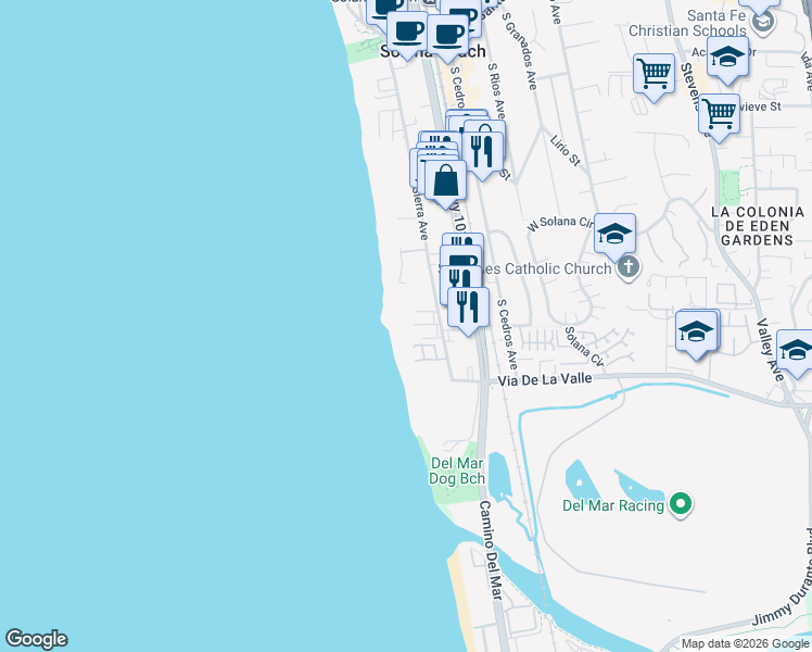 map of restaurants, bars, coffee shops, grocery stores, and more near 190 Del Mar Shores Terrace in Solana Beach