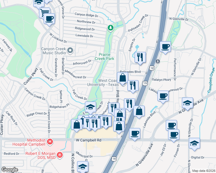 map of restaurants, bars, coffee shops, grocery stores, and more near 29 Creekwood Cir in Richardson
