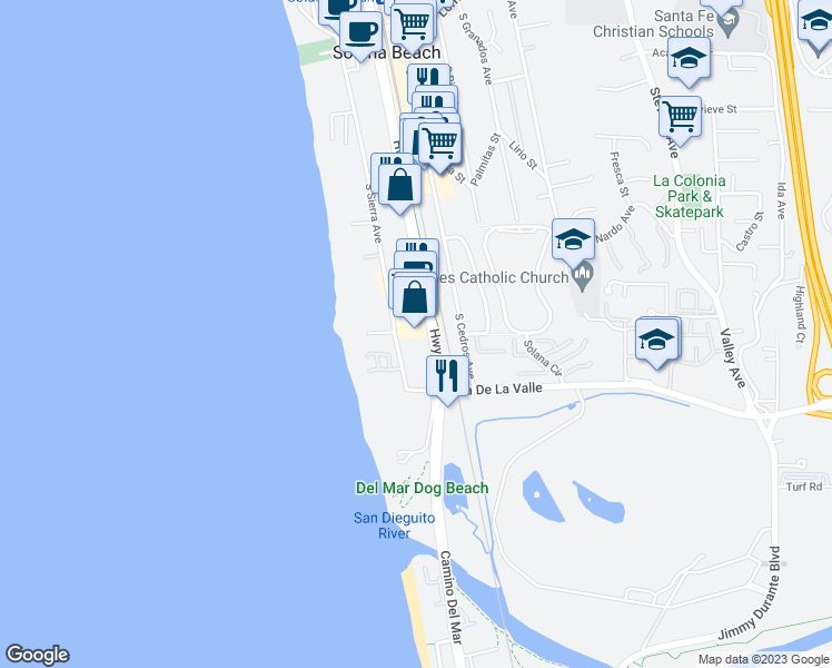 map of restaurants, bars, coffee shops, grocery stores, and more near 731 Highway 101 in Solana Beach