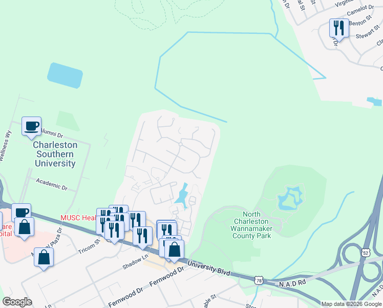 map of restaurants, bars, coffee shops, grocery stores, and more near 9022 Delancey Circle in North Charleston