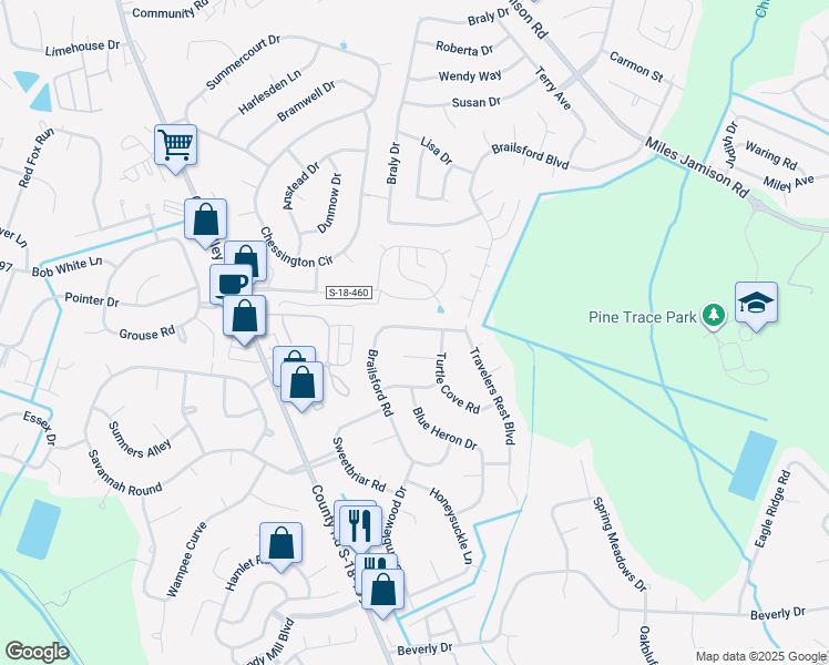 map of restaurants, bars, coffee shops, grocery stores, and more near 222 Brailsford Road in Summerville