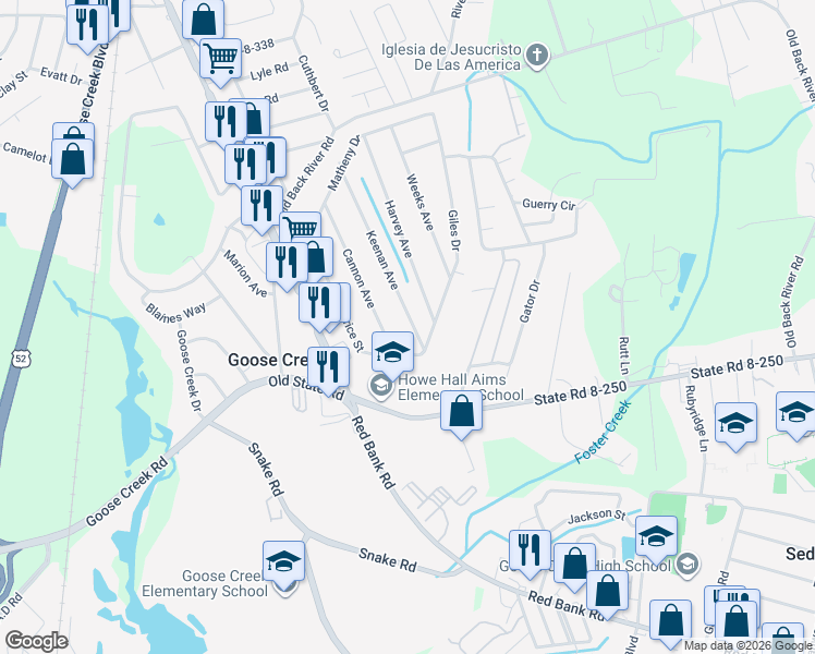 map of restaurants, bars, coffee shops, grocery stores, and more near 141 Cannon Avenue in Goose Creek