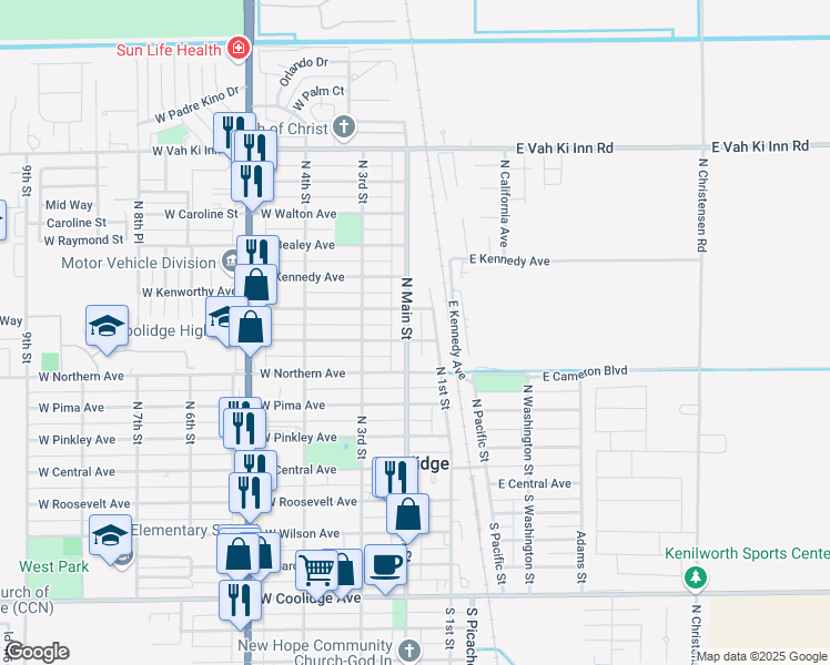 map of restaurants, bars, coffee shops, grocery stores, and more near 523 North Main Street in Coolidge