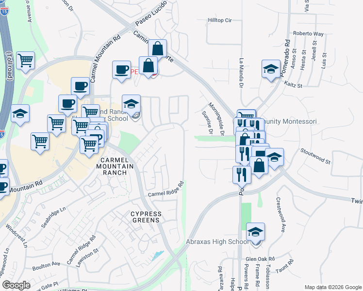 map of restaurants, bars, coffee shops, grocery stores, and more near 14724 Carmel Ridge Road in San Diego