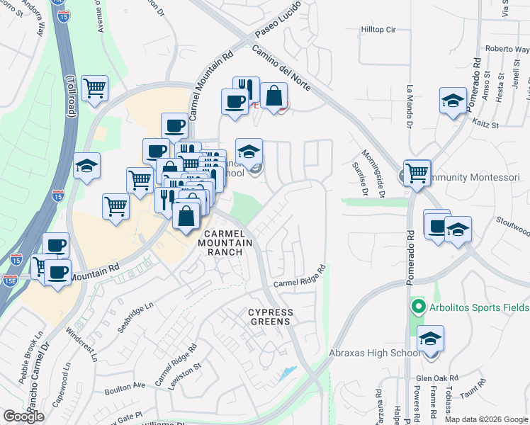 map of restaurants, bars, coffee shops, grocery stores, and more near 12157 Eastbourne Rd in San Diego