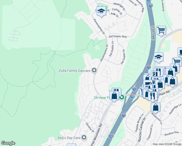 map of restaurants, bars, coffee shops, grocery stores, and more near 14685 Thebes St in San Diego