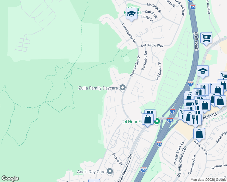 map of restaurants, bars, coffee shops, grocery stores, and more near 14685 Thebes Street in San Diego