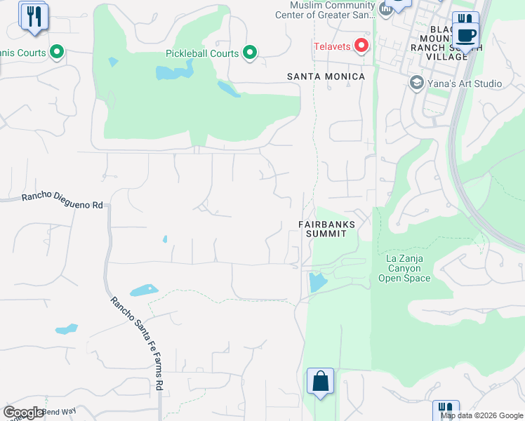 map of restaurants, bars, coffee shops, grocery stores, and more near 14808 Las Mananas in Rancho Santa Fe