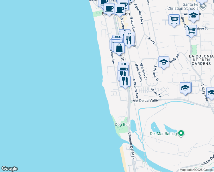 map of restaurants, bars, coffee shops, grocery stores, and more near 190 Del Mar Shores Terrace in Solana Beach