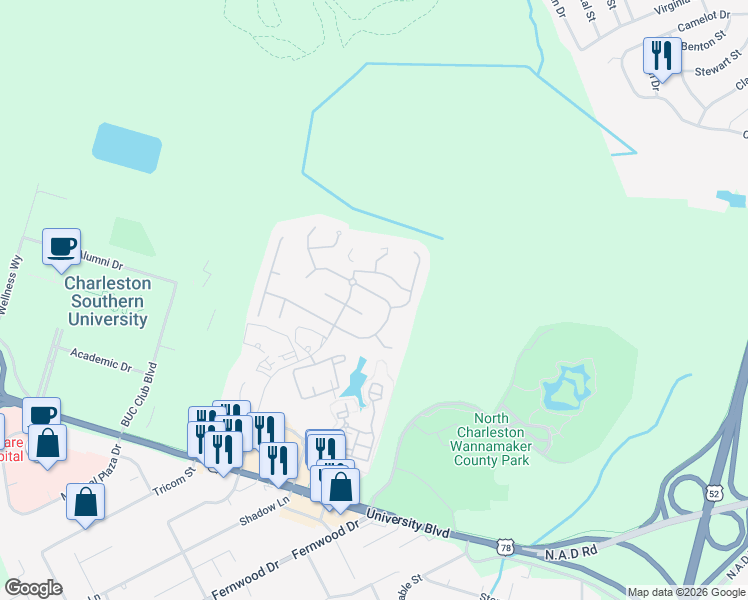 map of restaurants, bars, coffee shops, grocery stores, and more near 9022 Delancey Circle in North Charleston